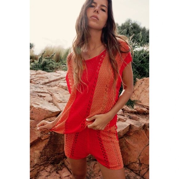 NWOT Zara crochet-like open weave knit-like striped elastic high waist shorts, M - Picture 1 of 12